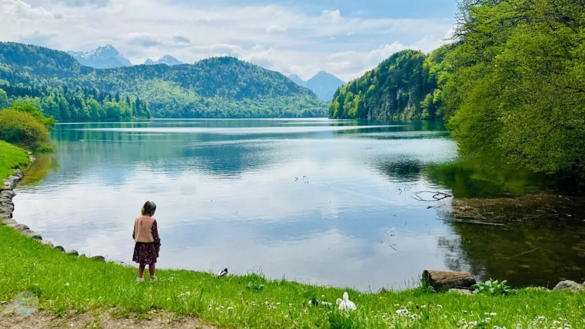 A child walking near the Alpsee Lake in Spring A child walking near the Alpsee Lake in Spring