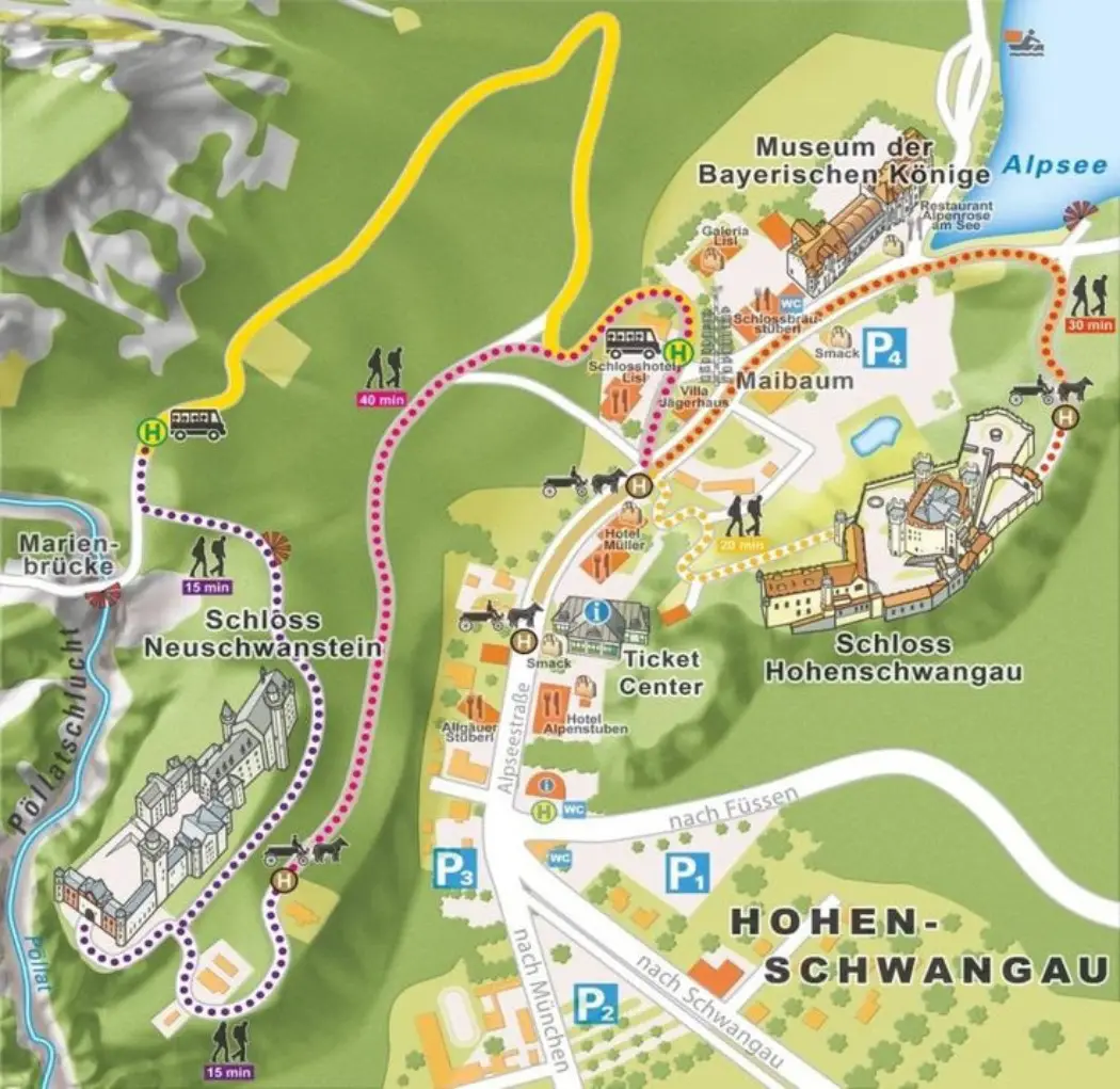Map of how to get from Hohenschwangau to Neuschwanstein