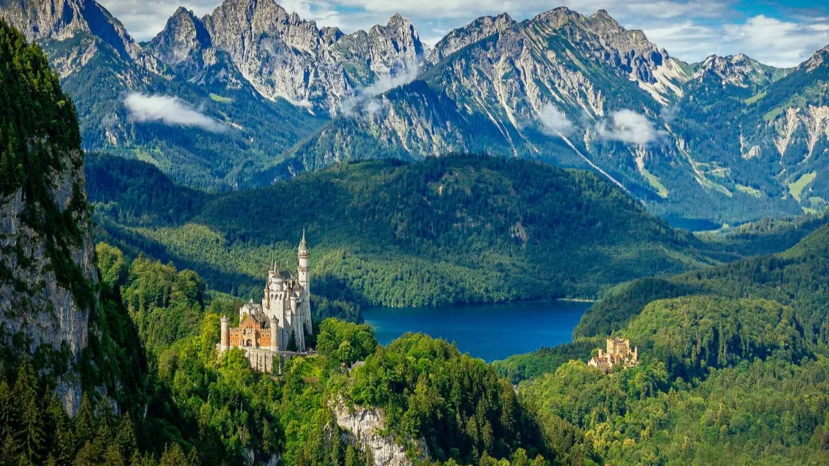 Panoramic view of Neuschwanstein and Hohenschwangau Castle from the Tegelberg ropeway