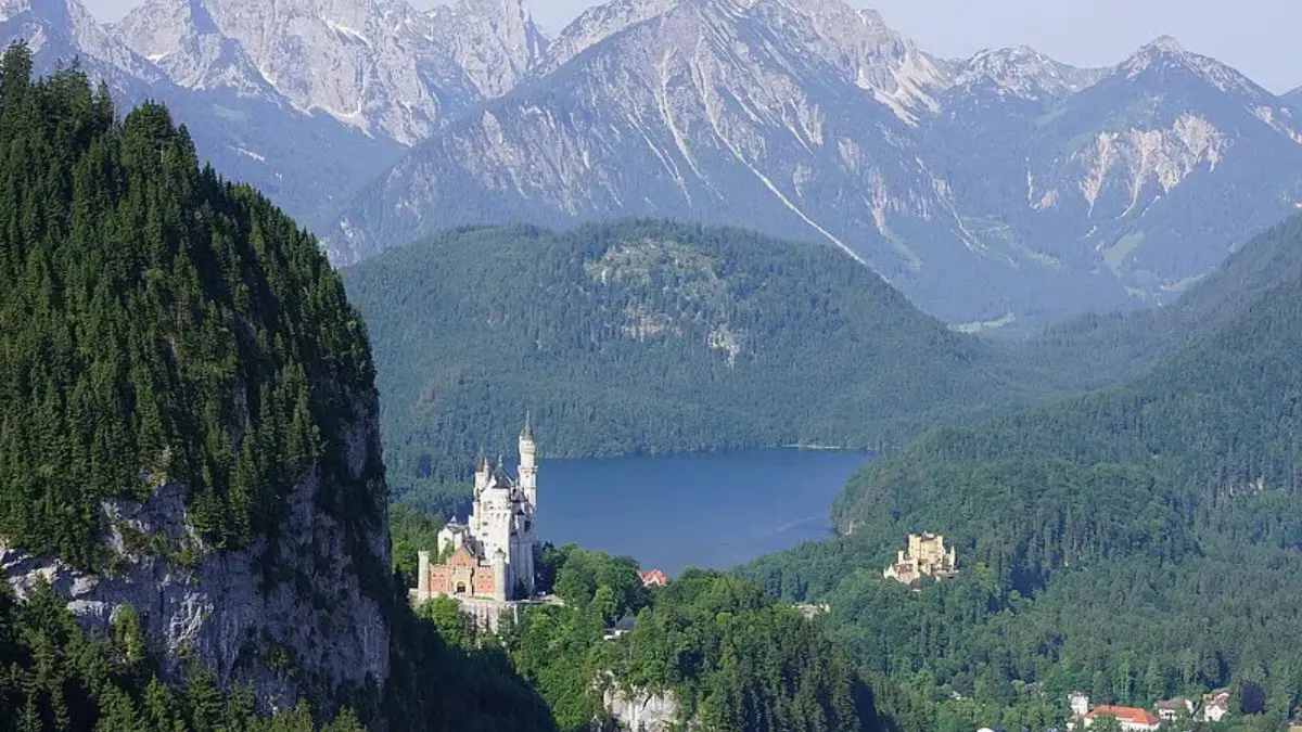 The aerial view of the royal castles Neuschwanstein and Hohenschwangau